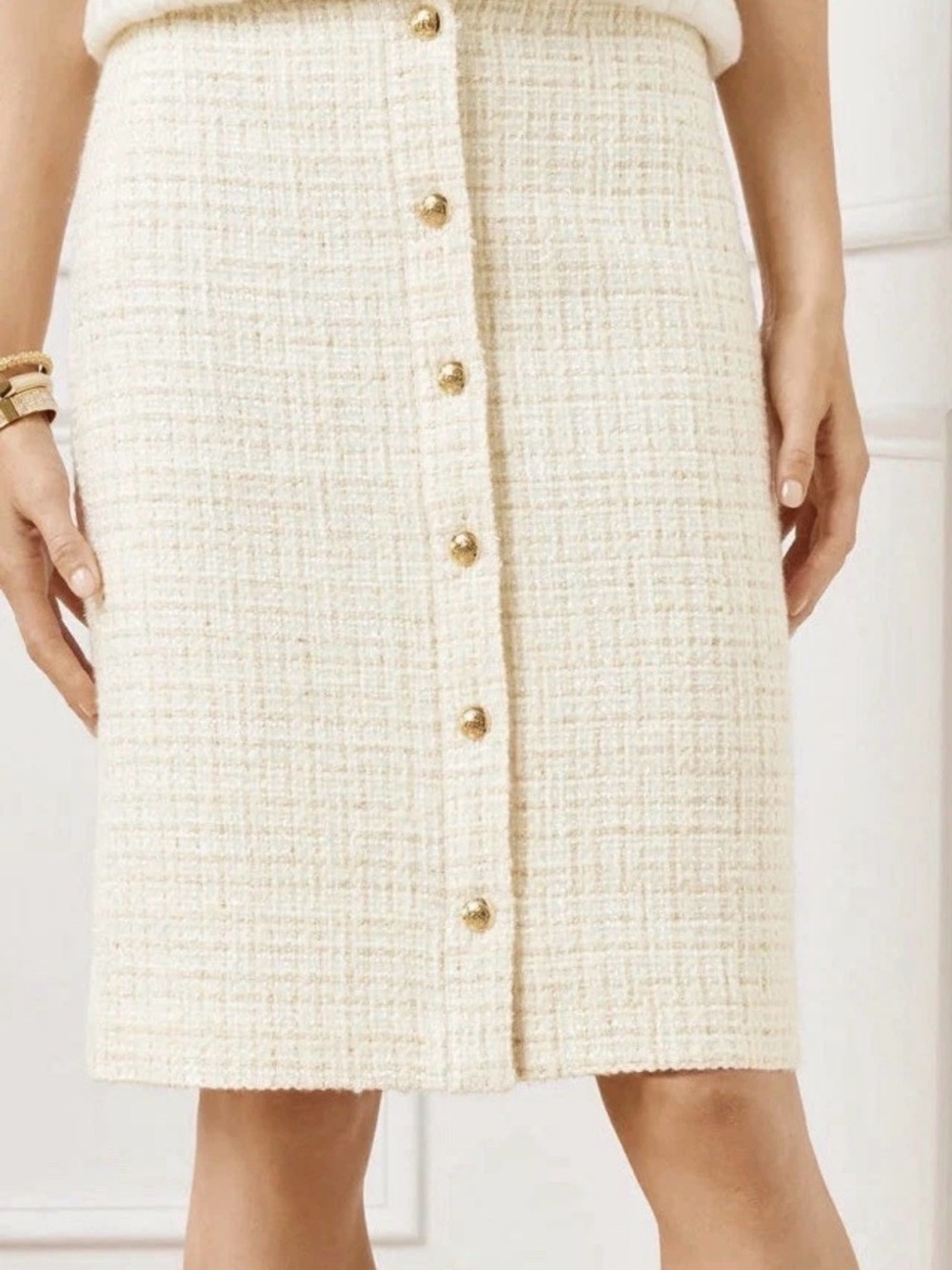 Talbots Dazzling Tweed A-Line Skirt Metallic Wool Blend Button Front Sz 14 Ivory